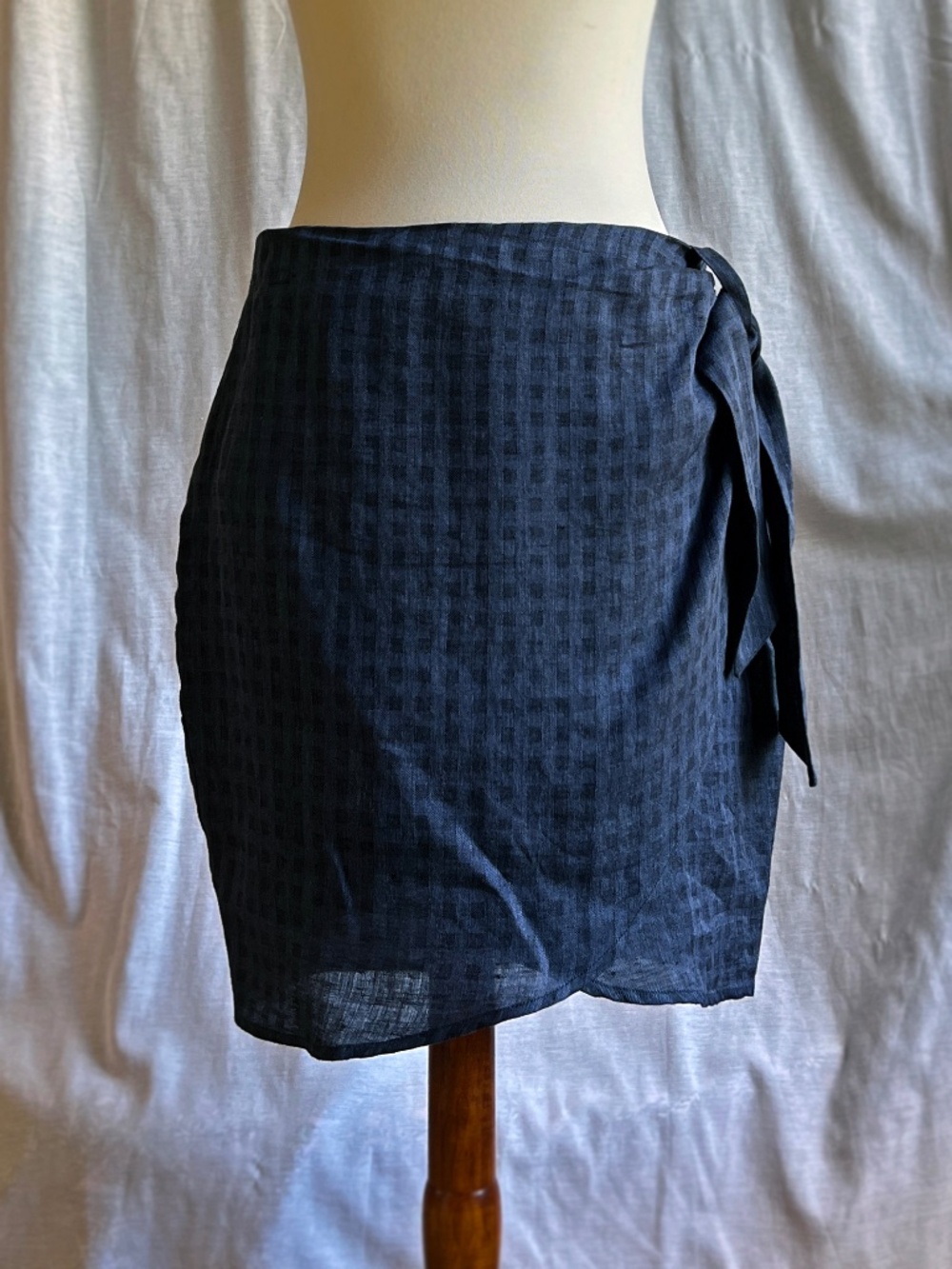 Heartloom Linen blue and black check mini skirt with tulip hem wrap
